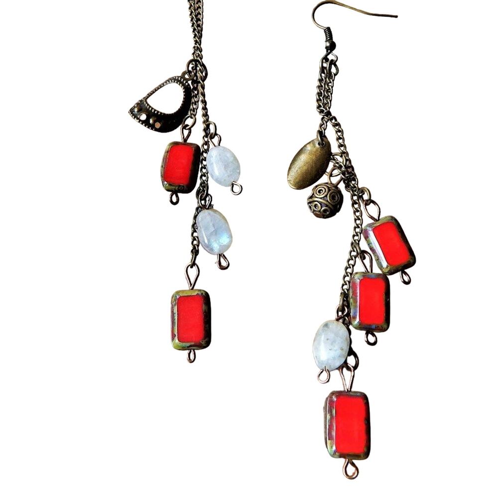 BoHo Red & Moon Stone Dangle Earrings